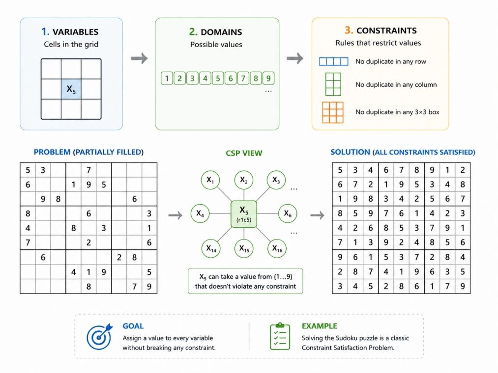 Infographic explaining a Constraint Satisfaction Problem (CSP) in artificial intelligence using a Sudoku puzzle. It illustrates the three core CSP components: variables (grid cells), domains (possible values 1–9), and constraints (no duplicate values in r Infographic explaining a Constraint Satisfaction Problem (CSP) in artificial intelligence using a Sudoku puzzle. It illustrates the three core CSP components: variables (grid cells), domains (possible values 1–9), and constraints (no duplicate values in r