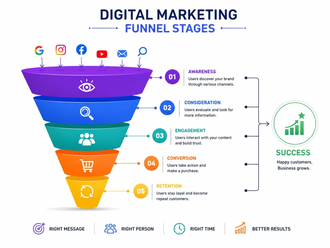 Infographic showing digital marketing funnel stages from awareness to retention leading to success, with a colorful funnel diagram and stage-wise labels on a clean white background. Infographic showing digital marketing funnel stages from awareness to retention leading to success, with a colorful funnel diagram and stage-wise labels on a clean white background.