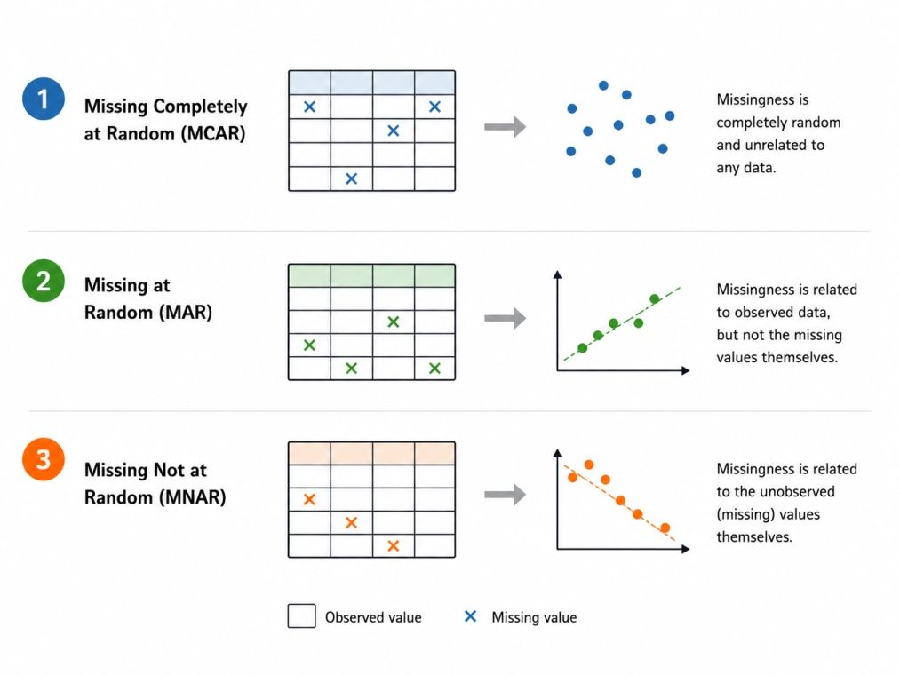 Infographic explaining three types of missing data: Missing Completely at Random (MCAR), Missing at Random (MAR), and Missing Not at Random (MNAR), using tables and scatter plots to show how missing values relate to data patterns. Infographic explaining three types of missing data: Missing Completely at Random (MCAR), Missing at Random (MAR), and Missing Not at Random (MNAR), using tables and scatter plots to show how missing values relate to data patterns.