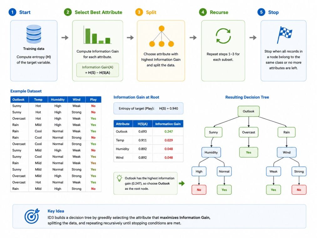 Infographic explaining the ID3 algorithm workflow in machine learning, showing entropy calculation, information gain evaluation, attribute selection, recursive data splitting, and decision tree creation using a simple classification example. Infographic explaining the ID3 algorithm workflow in machine learning, showing entropy calculation, information gain evaluation, attribute selection, recursive data splitting, and decision tree creation using a simple classification example.