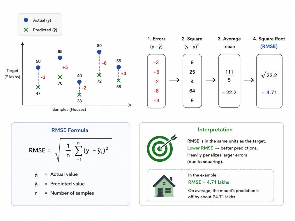 RMSE infographic showing actual vs predicted house prices, error calculation, RMSE formula, and a step-by-step process of squaring errors, averaging them, and taking the square root to measure prediction accuracy. RMSE infographic showing actual vs predicted house prices, error calculation, RMSE formula, and a step-by-step process of squaring errors, averaging them, and taking the square root to measure prediction accuracy.