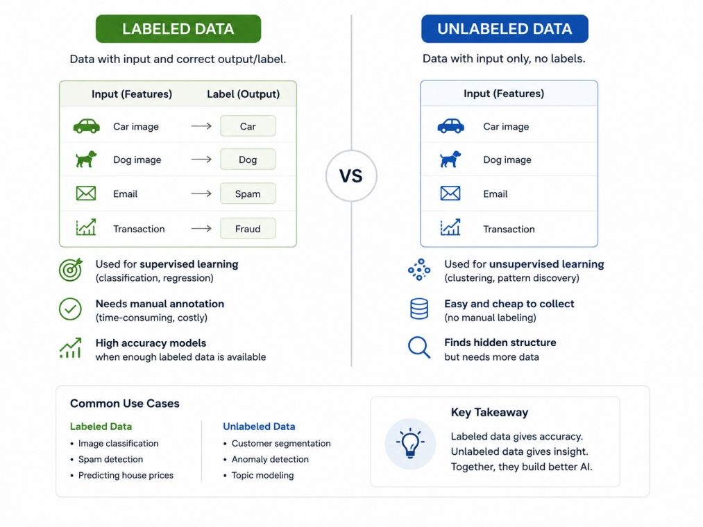 Infographic comparing labeled and unlabeled data in machine learning, showing their structure, learning methods, key differences, and common use cases in a side-by-side layout