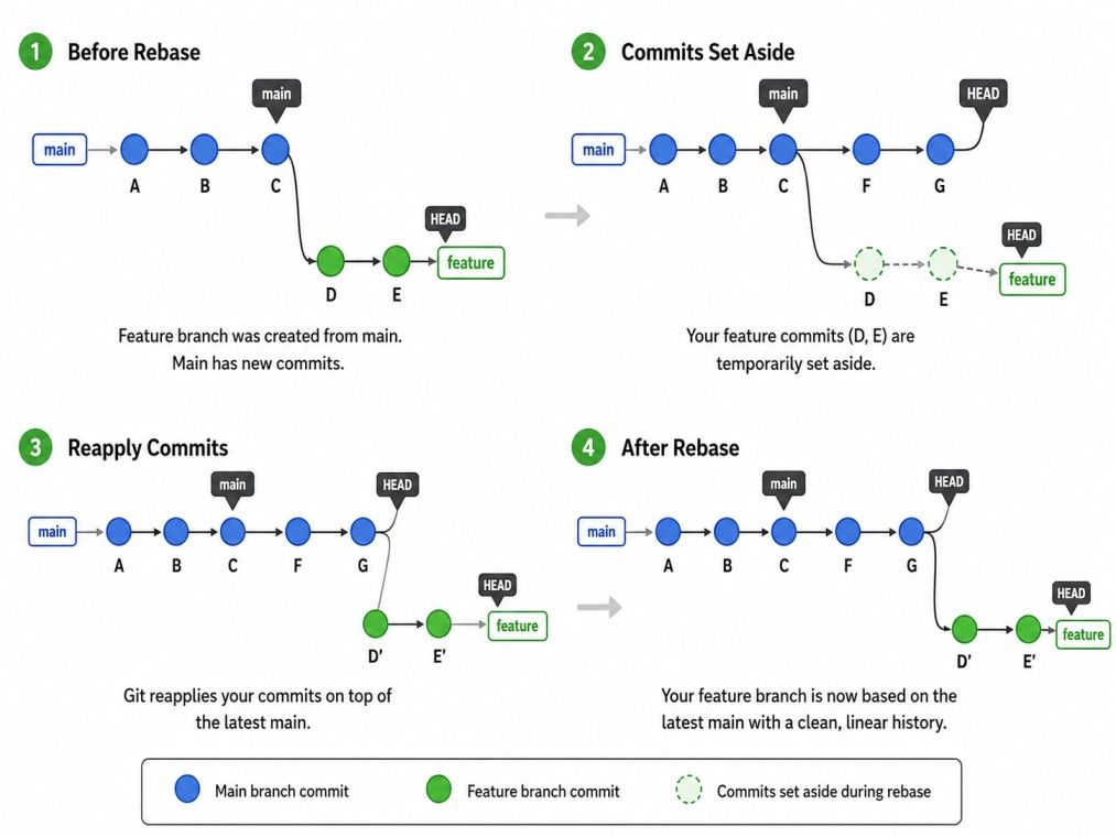 Infographic explaining how Git rebase works by moving feature branch commits onto the latest main branch, creating a clean, linear commit history.