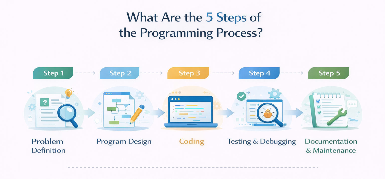 Infographic explaining what are the 5 steps of the programming process showing problem definition, program design, coding, testing and debugging, and documentation with maintenance in a simple step-by-step workflow.