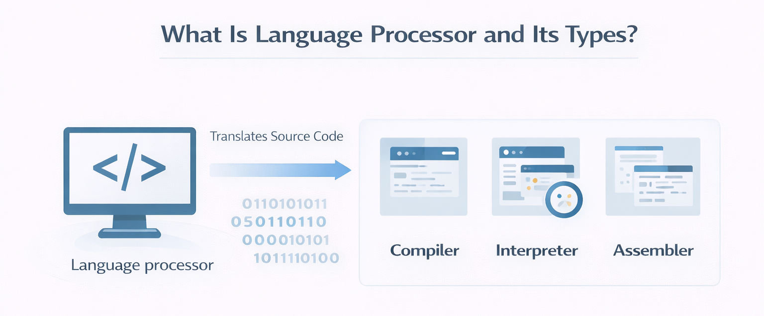 Infographic explaining what is language processor and its types, showing how source code is translated into machine code and highlighting the three types: compiler, interpreter, and assembler.