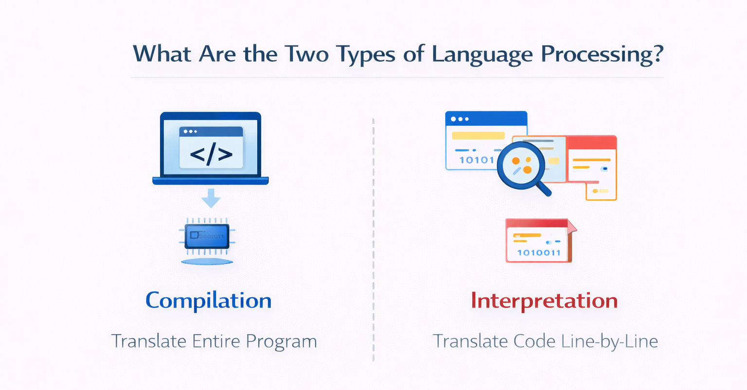 Infographic explaining what are the two types of language processing with a side-by-side comparison of compilation and interpretation, showing compilation translating the entire program and interpretation translating code line by line. Infographic explaining what are the two types of language processing with a side-by-side comparison of compilation and interpretation, showing compilation translating the entire program and interpretation translating code line by line.