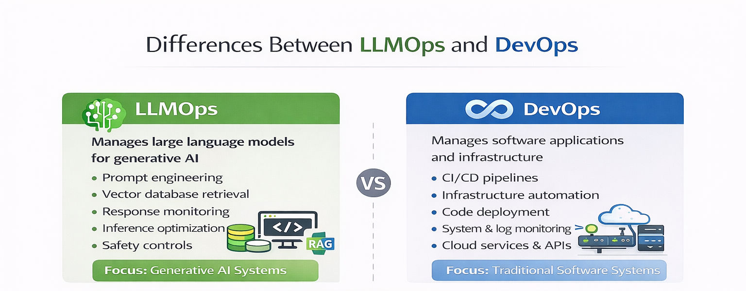 Infographic explaining How do LLMOps differ from DevOps, showing differences between large language model operations and DevOps across workflows, monitoring, deployment, and system focus in AI and software systems. Infographic explaining How do LLMOps differ from DevOps, showing differences between large language model operations and DevOps across workflows, monitoring, deployment, and system focus in AI and software systems.
