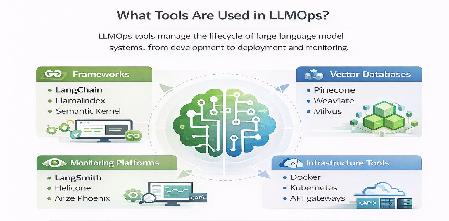 Infographic explaining what tools are used in LLMOps, showing key categories such as LLM frameworks, vector databases, monitoring platforms, and infrastructure tools used to build, deploy, and manage large language model applications. Infographic explaining what tools are used in LLMOps, showing key categories such as LLM frameworks, vector databases, monitoring platforms, and infrastructure tools used to build, deploy, and manage large language model applications.