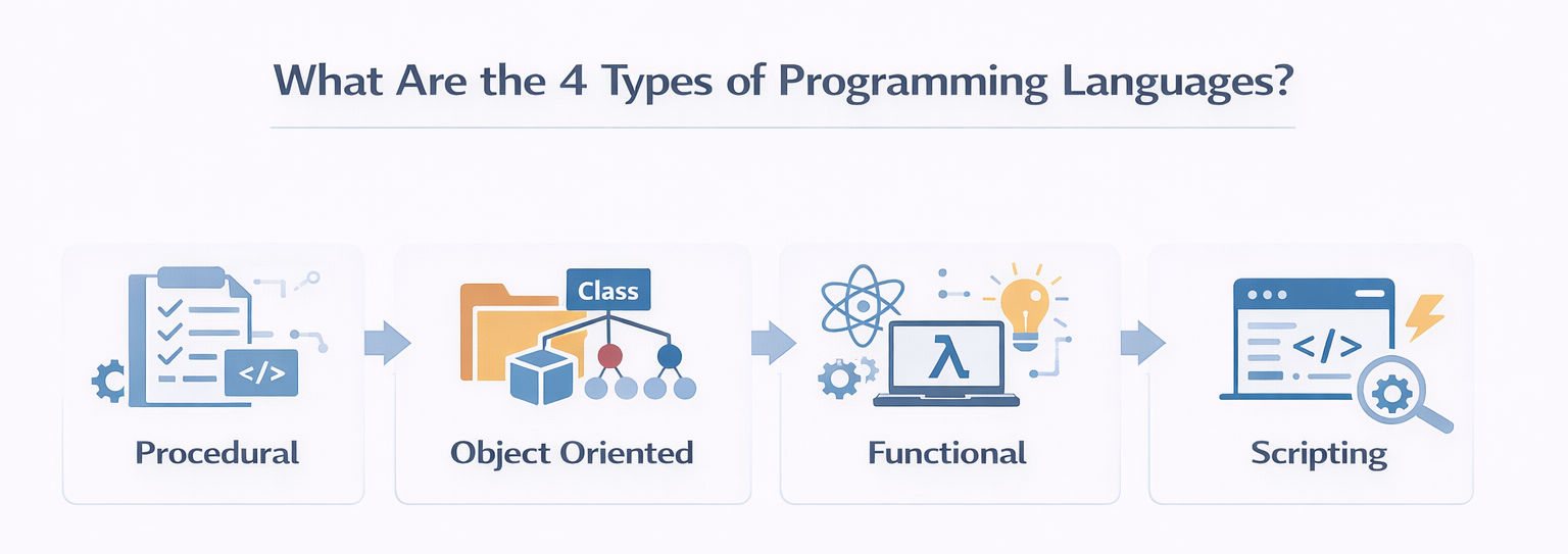 Infographic explaining what are the 4 types of programming languages showing procedural, object oriented, functional, and scripting programming languages in a simple flow diagram.