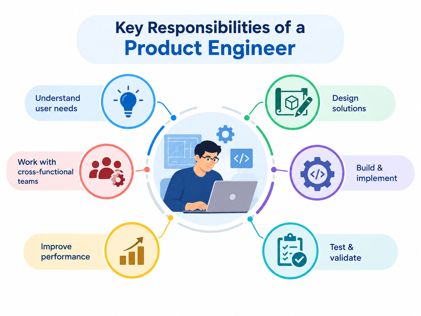 Product engineer infographic showing six responsibilities: understanding user needs, designing solutions, building products, testing, improving performance, and collaborating with teams. Product engineer infographic showing six responsibilities: understanding user needs, designing solutions, building products, testing, improving performance, and collaborating with teams.