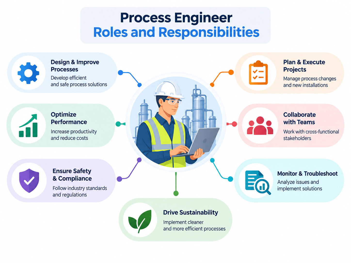 Process engineer infographic showing key roles: process design, optimization, safety, project planning, teamwork, troubleshooting, and sustainability. Process engineer infographic showing key roles: process design, optimization, safety, project planning, teamwork, troubleshooting, and sustainability.