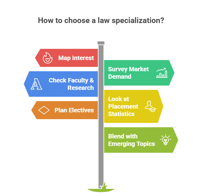 Infographic showing six tips on how to choose a law specialization, displayed as signboards pointing in different directions. Tips include: Map Interest, Check Faculty & Research, Plan Electives, Survey Market Demand, Look at Placement Statistics, and Ble Infographic showing six tips on how to choose a law specialization, displayed as signboards pointing in different directions. Tips include: Map Interest, Check Faculty & Research, Plan Electives, Survey Market Demand, Look at Placement Statistics, and Ble