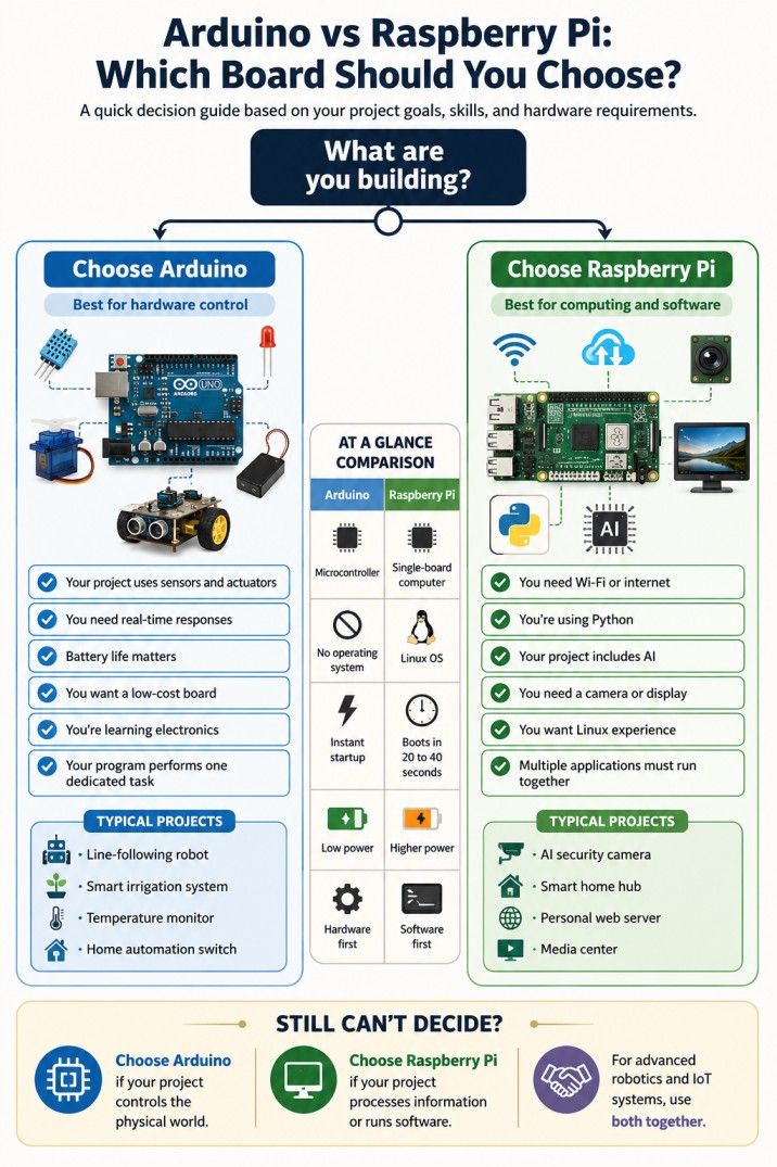 Arduino vs Raspberry Pi infographic comparing features, use cases, key differences, and project recommendations to help beginners choose the right development board. Arduino vs Raspberry Pi infographic comparing features, use cases, key differences, and project recommendations to help beginners choose the right development board.
