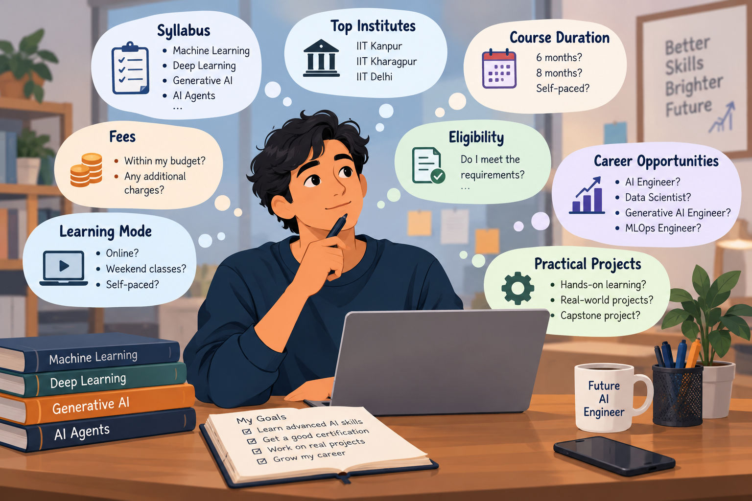 A student comparing advanced AI courses, fees, syllabus, eligibility, and career opportunities. A student comparing advanced AI courses, fees, syllabus, eligibility, and career opportunities.