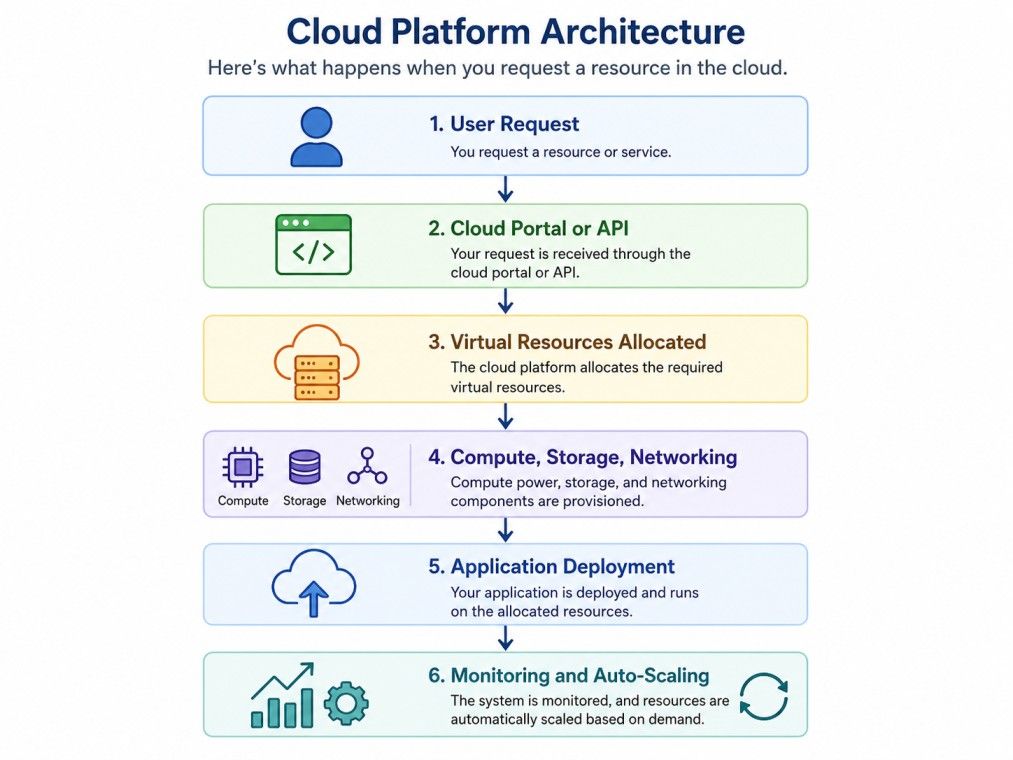 Flowchart illustrating cloud platform architecture, showing the process from user request to cloud portal or API, virtual resource allocation, compute, storage and networking, application deployment, and monitoring with auto-scaling. Flowchart illustrating cloud platform architecture, showing the process from user request to cloud portal or API, virtual resource allocation, compute, storage and networking, application deployment, and monitoring with auto-scaling.