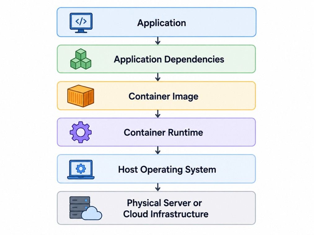 Layered diagram showing containerization architecture from application and dependencies to container image, runtime, host operating system, and cloud infrastructure. Layered diagram showing containerization architecture from application and dependencies to container image, runtime, host operating system, and cloud infrastructure.