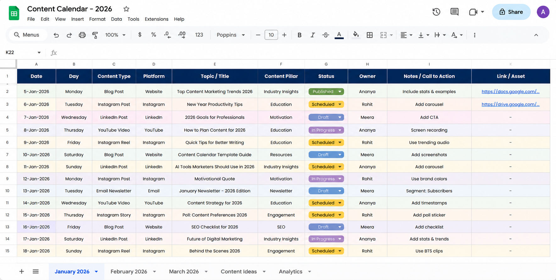 Google Sheets content calendar template for 2026 showing scheduled blog posts, Instagram content, LinkedIn posts, YouTube videos, publishing dates, content pillars, status tracking, and marketing workflow organization. Google Sheets content calendar template for 2026 showing scheduled blog posts, Instagram content, LinkedIn posts, YouTube videos, publishing dates, content pillars, status tracking, and marketing workflow organization.