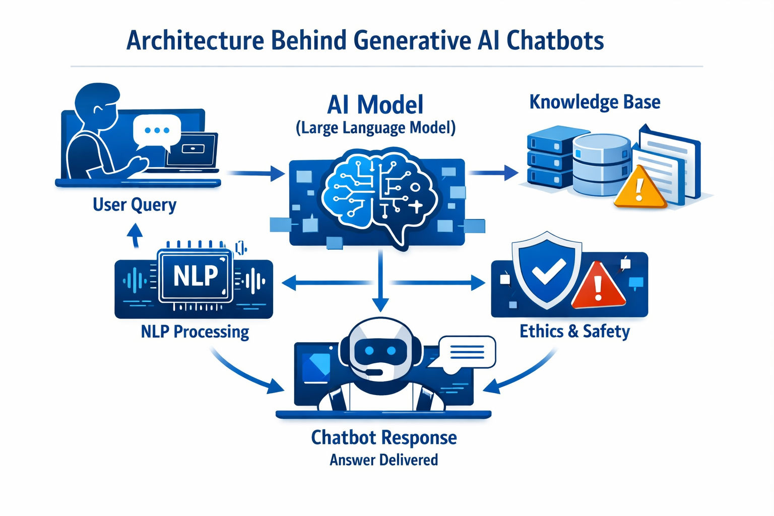 Infographic showing the architecture behind generative AI chatbots - user query flows through NLP processing, large language models, knowledge bases, and safety filters before producing a chatbot response , on a white background with minimal text. Infographic showing the architecture behind generative AI chatbots - user query flows through NLP processing, large language models, knowledge bases, and safety filters before producing a chatbot response , on a white background with minimal text.