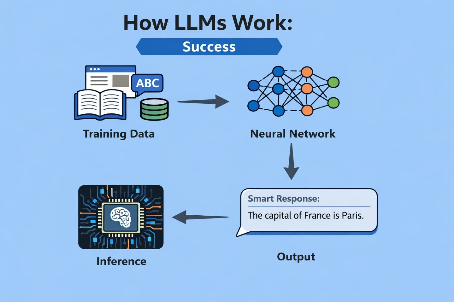 Infographic showing how LLMs work with four labeled sections—Training Data, Neural Network, Inference, and Output—on a light sky blue background. Infographic showing how LLMs work with four labeled sections—Training Data, Neural Network, Inference, and Output—on a light sky blue background.