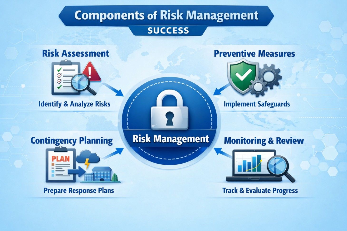 Infographic titled Components of Risk Management showing four quadrants risk assessment, preventive measures, contingency planning, and monitoring & review around a central circle labeled Risk Management with a lock icon, on a light blue tech backgrou Infographic titled Components of Risk Management showing four quadrants risk assessment, preventive measures, contingency planning, and monitoring & review around a central circle labeled Risk Management with a lock icon, on a light blue tech backgrou
