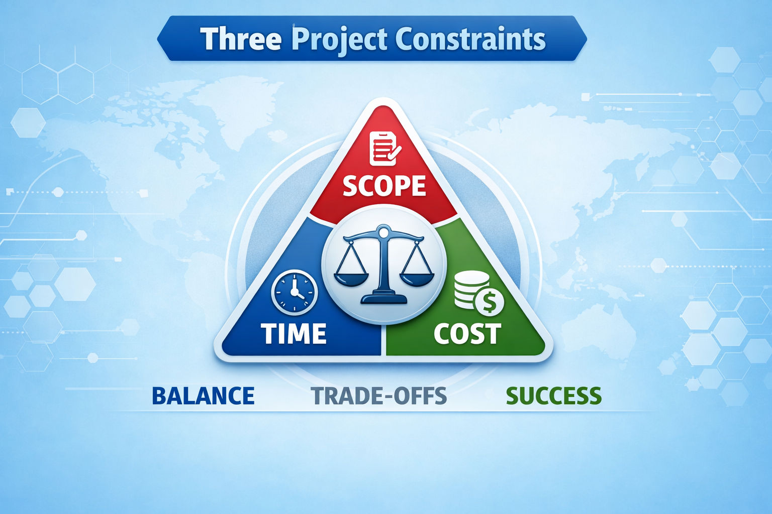 Infographic illustrating the three project constraints scope, time, and cost-highlighting their balance and trade-offs for project success. Infographic illustrating the three project constraints scope, time, and cost-highlighting their balance and trade-offs for project success.