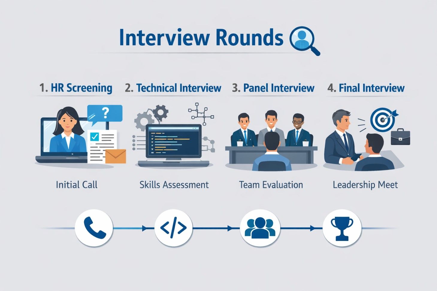 Infographic showing four interview rounds HR screening, technical, panel, and final with icons and a light grey techy background. Infographic showing four interview rounds HR screening, technical, panel, and final with icons and a light grey techy background.