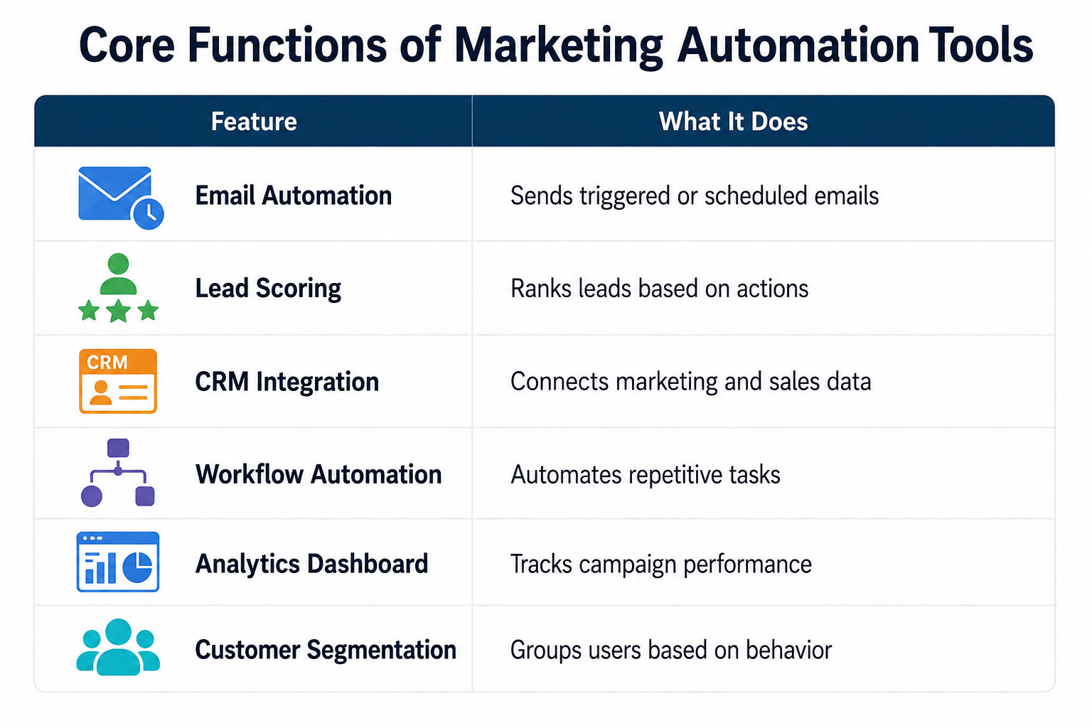 An infographic titled “Core Functions of Marketing Automation Tools” presents a two-column table with “Feature” and “What It Does.” Each row pairs a feature with its function using icons and color accents. The features listed are:  Email Automation (envel