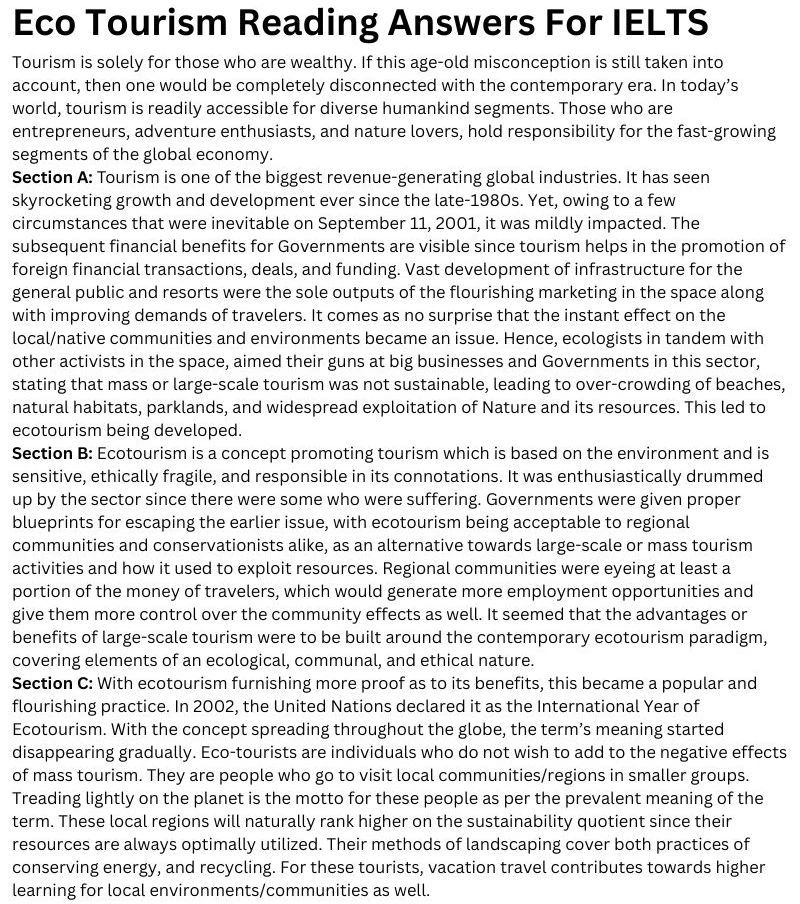 Eco Tourism Reading Answers For IELTS Test Practice
