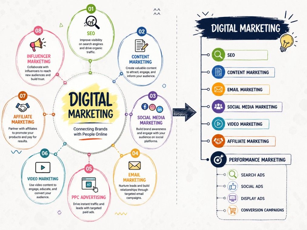 Illustration of key digital marketing channels, showing SEO, content, email, social media, video, affiliate, and performance marketing with its advertising channels. Illustration of key digital marketing channels, showing SEO, content, email, social media, video, affiliate, and performance marketing with its advertising channels.