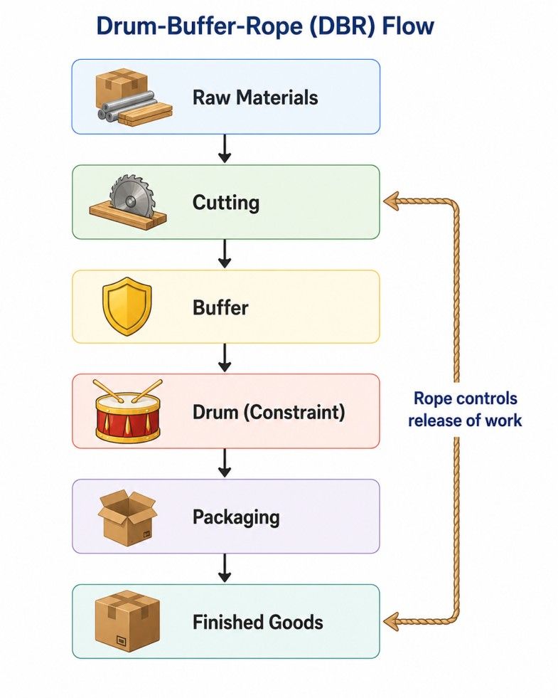 Drum-Buffer-Rope workflow diagram showing raw materials, buffer, bottleneck, packaging, and rope-controlled production flow. Drum-Buffer-Rope workflow diagram showing raw materials, buffer, bottleneck, packaging, and rope-controlled production flow.