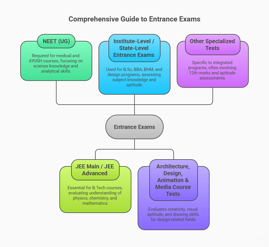 Diagram showing entrance exams after 12th PCMB, including NEET for medical, JEE for engineering, institute-level tests for B.Sc, BBA, BHM, design and media courses, and specialized tests for integrated programs.