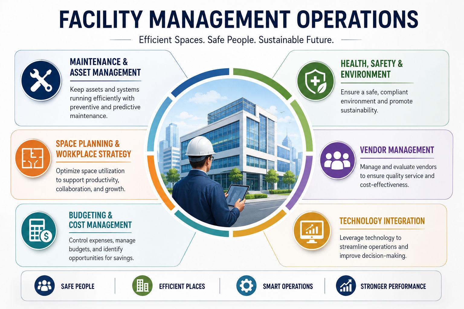 Facility management infographic highlighting maintenance, safety, budgeting, space planning, and technology integration. Facility management infographic highlighting maintenance, safety, budgeting, space planning, and technology integration.