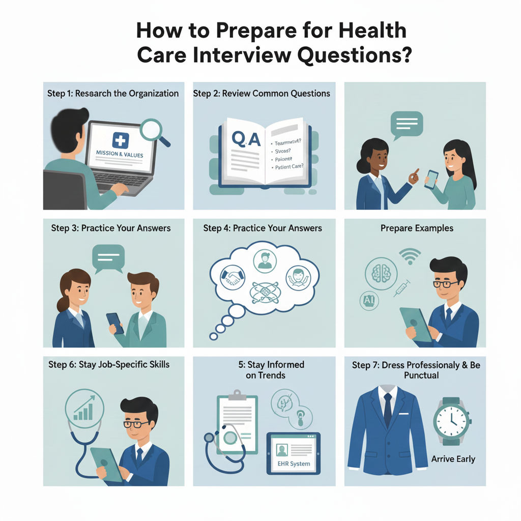 Illustration conveying healthcare interview preparation steps, including organization research, practicing common questions, using real examples, updating industry knowledge, reviewing technical skills, and presenting professionally. Illustration conveying healthcare interview preparation steps, including organization research, practicing common questions, using real examples, updating industry knowledge, reviewing technical skills, and presenting professionally.