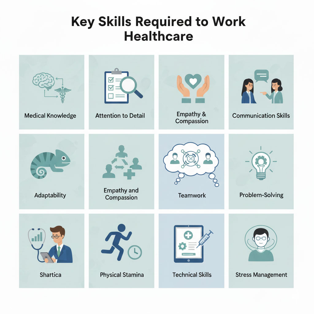 Visual representation of essential healthcare skills such as medical knowledge, empathy, communication, teamwork, adaptability, attention to detail, problem-solving, technical abilities, and stress management required for effective patient care. Visual representation of essential healthcare skills such as medical knowledge, empathy, communication, teamwork, adaptability, attention to detail, problem-solving, technical abilities, and stress management required for effective patient care.
