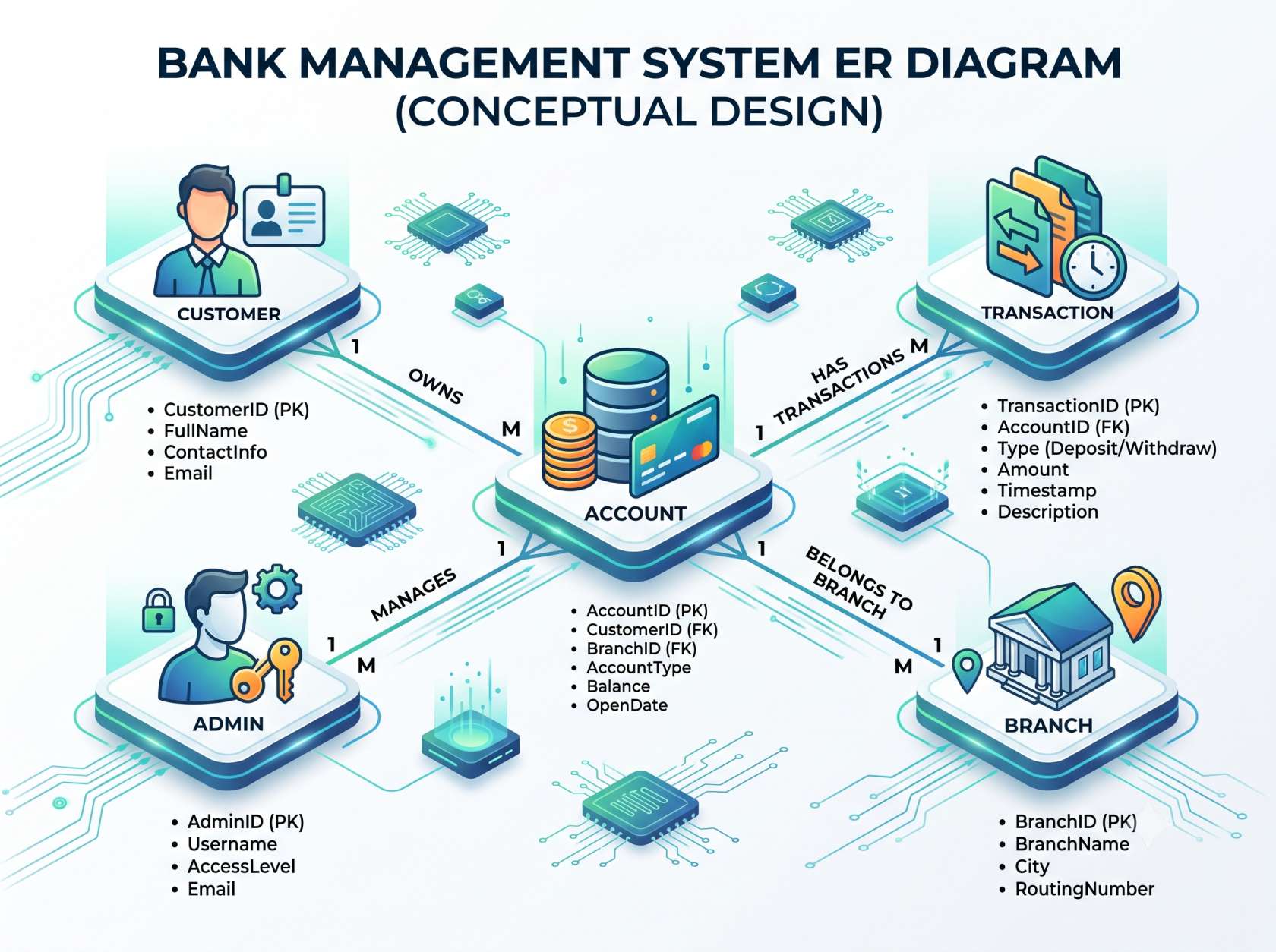 A tech-themed ER diagram infographic for a Bank Management System, illustrating the relationships between Customer, Account, Transaction, Admin, and Branch entities on a white background.