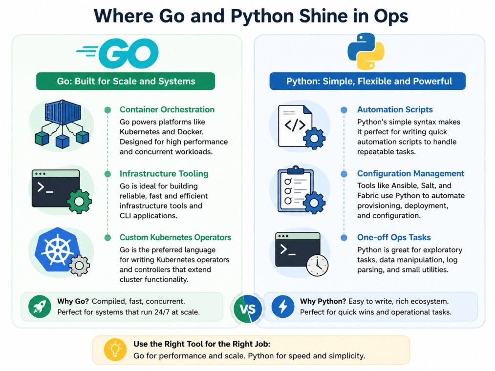 Infographic comparing Go and Python for DevOps tasks, highlighting Go for container orchestration and infrastructure tooling, and Python for automation scripts, configuration management, and one-off operations. Infographic comparing Go and Python for DevOps tasks, highlighting Go for container orchestration and infrastructure tooling, and Python for automation scripts, configuration management, and one-off operations.