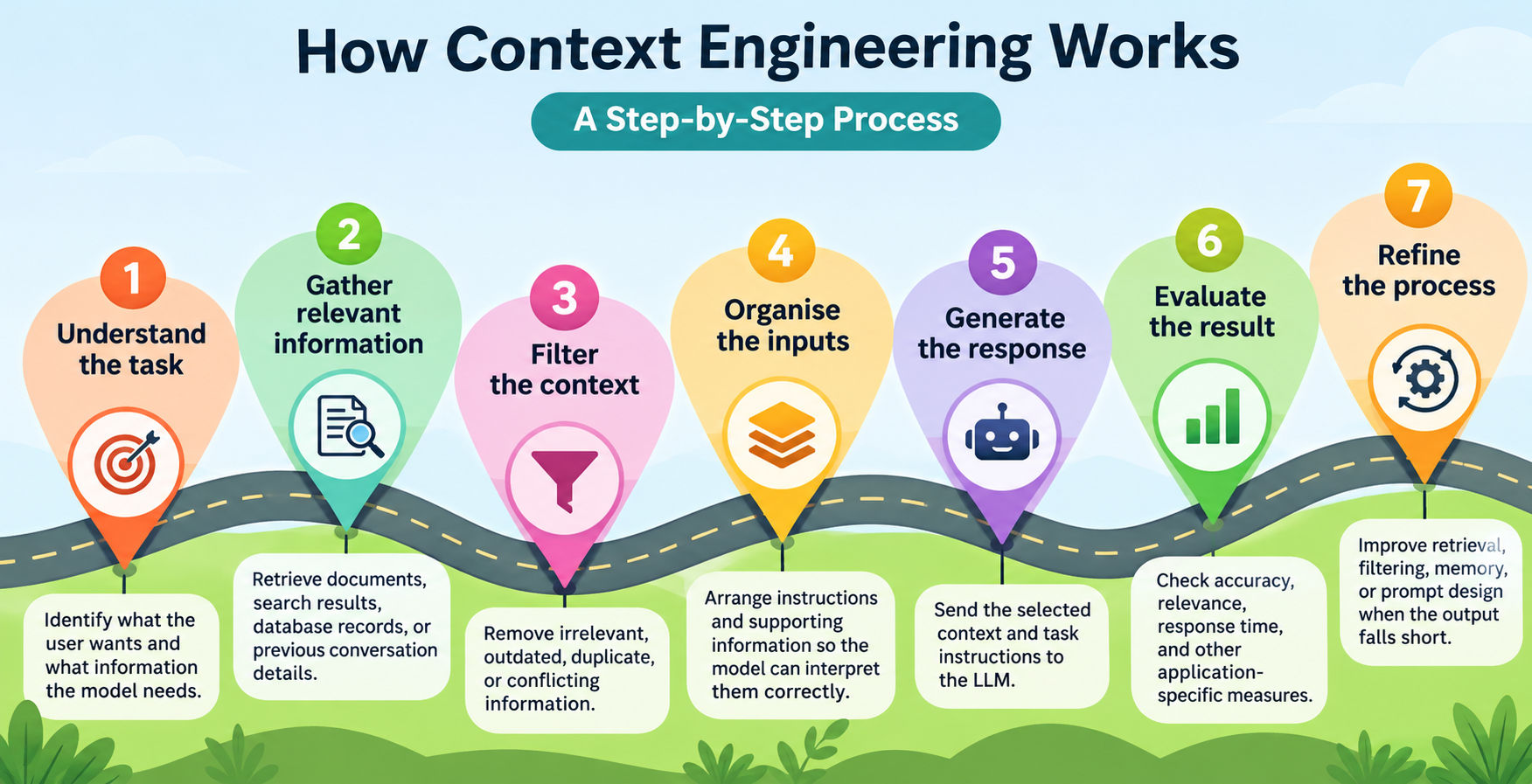 Infographic illustrating seven steps of context engineering: understand the task, gather relevant information, filter the context, organise inputs, generate a response, evaluate results, and refine the process.