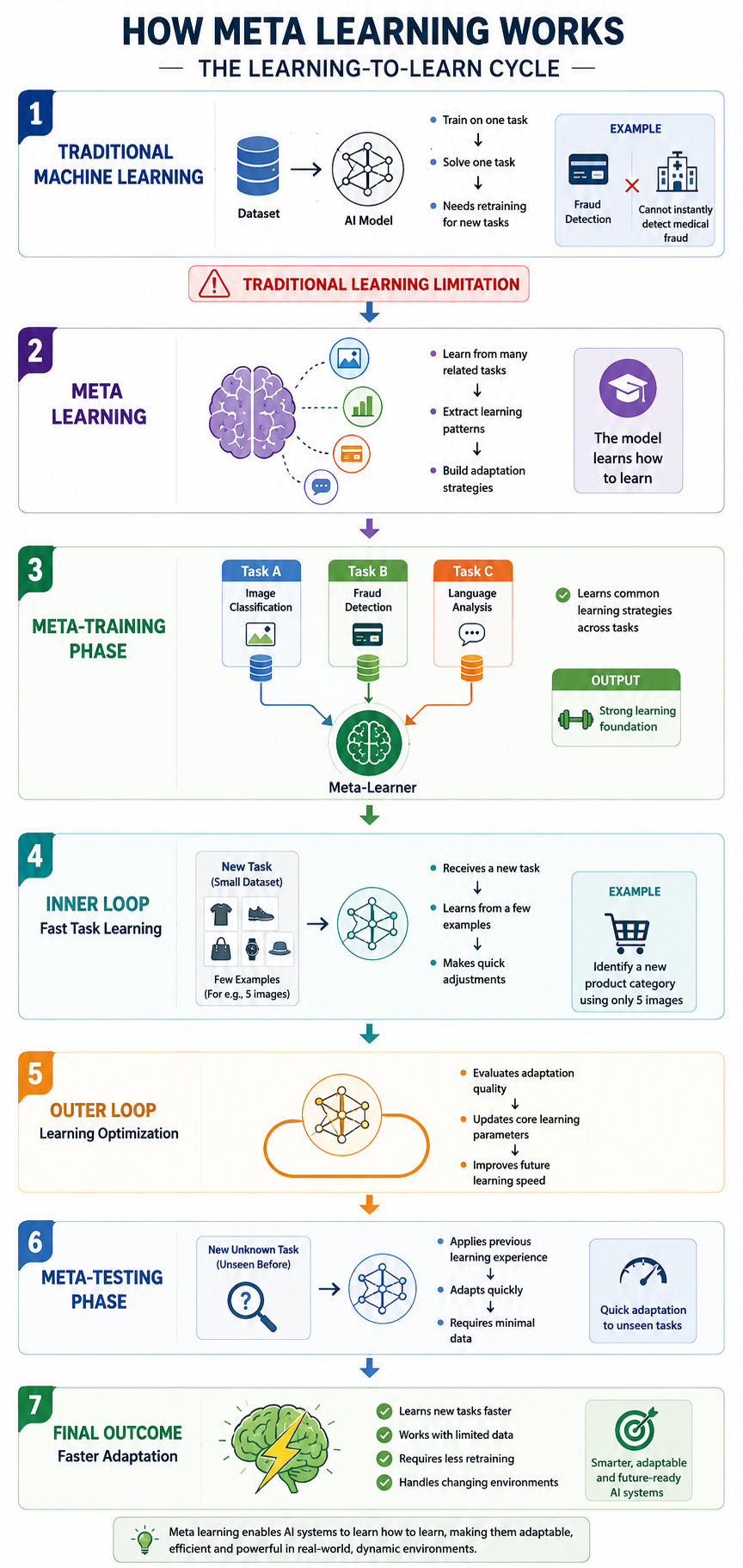 Flowchart showing how meta learning works through meta-training, inner loop learning, outer loop optimization, and meta-testing to help AI models adapt quickly to new tasks using minimal data.