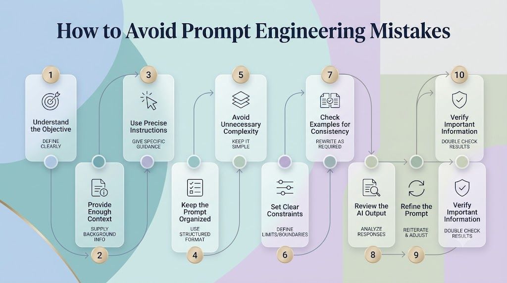 10 steps to avoid prompt engineering mistakes, covering objective setting, context, precise instructions, organization, constraints, review, refinement, and information verification.