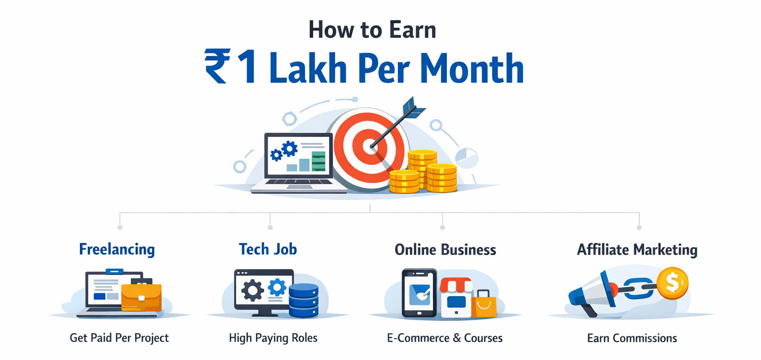 Infographic titled “How to Earn ₹1 Lakh Per Month” on a white background, showing four income paths,freelancing, tech jobs, online business, and affiliate marketing,with simple icons and short labels, plus a comparison section for income speed, effort, an Infographic titled “How to Earn ₹1 Lakh Per Month” on a white background, showing four income paths,freelancing, tech jobs, online business, and affiliate marketing,with simple icons and short labels, plus a comparison section for income speed, effort, an