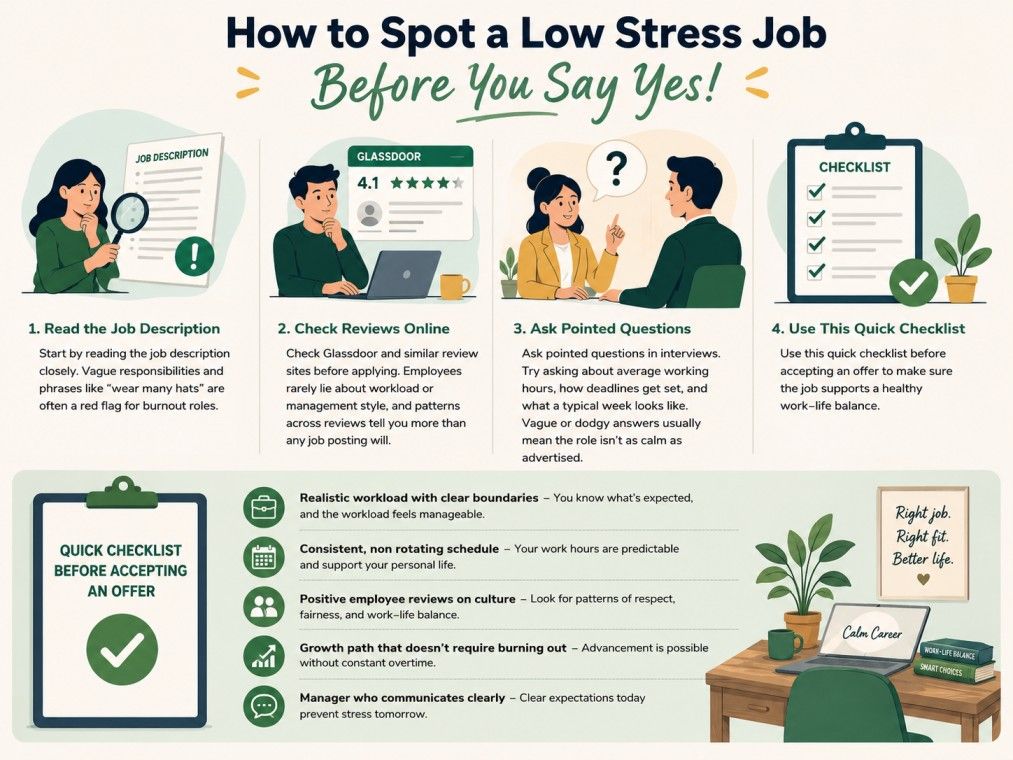 Infographic showing how to identify a low-stress job before accepting an offer, with interview tips and a work-life balance checklist. Infographic showing how to identify a low-stress job before accepting an offer, with interview tips and a work-life balance checklist.