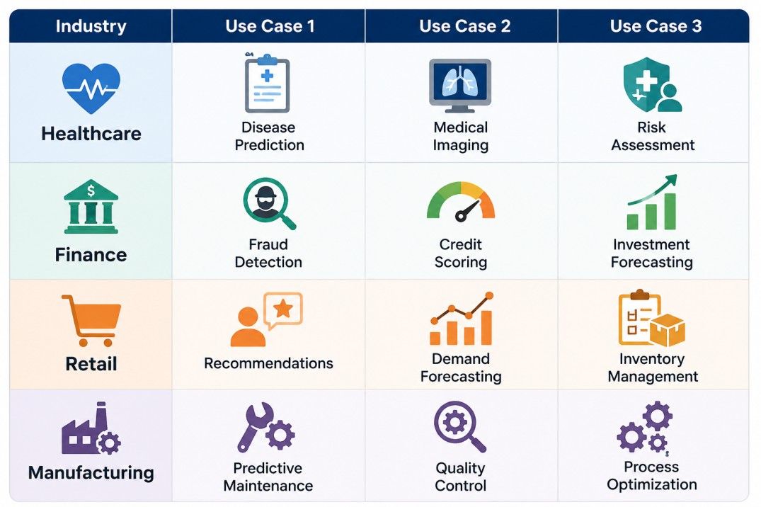 Machine learning applications across healthcare, finance, retail, and manufacturing industries with key use cases such as disease prediction, fraud detection, recommendations, and predictive maintenance.