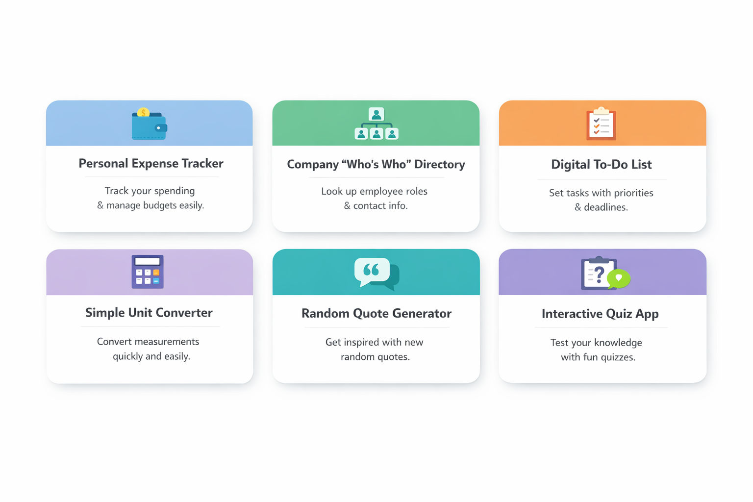 Clean, modern educational infographic featuring six rounded cards in a two-row grid on a white background. Each card includes a pastel-colored header, flat icon, bold title, and short description for projects like expense tracker, company directory.
