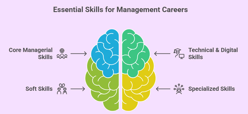 Diagram of a brain illustrating essential skills for management careers, divided into four categories: core managerial skills, soft skills, technical and digital skills, and specialized skills.