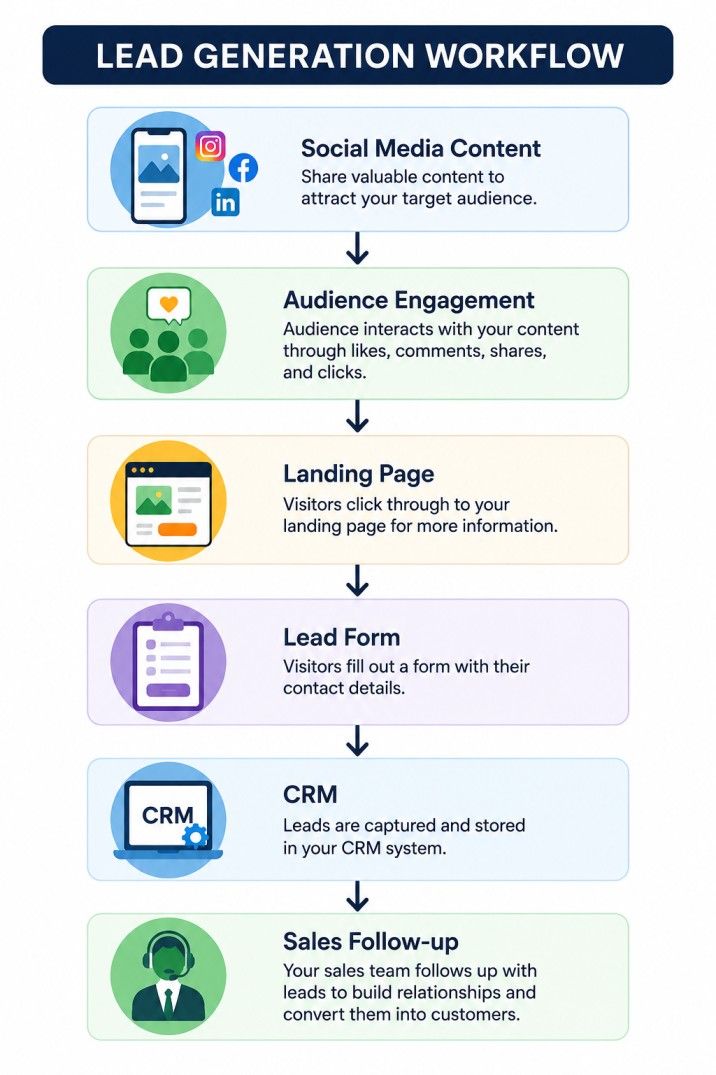 Lead generation workflow showing the journey from social media content and audience engagement to a landing page, lead form, CRM, and sales follow-up.