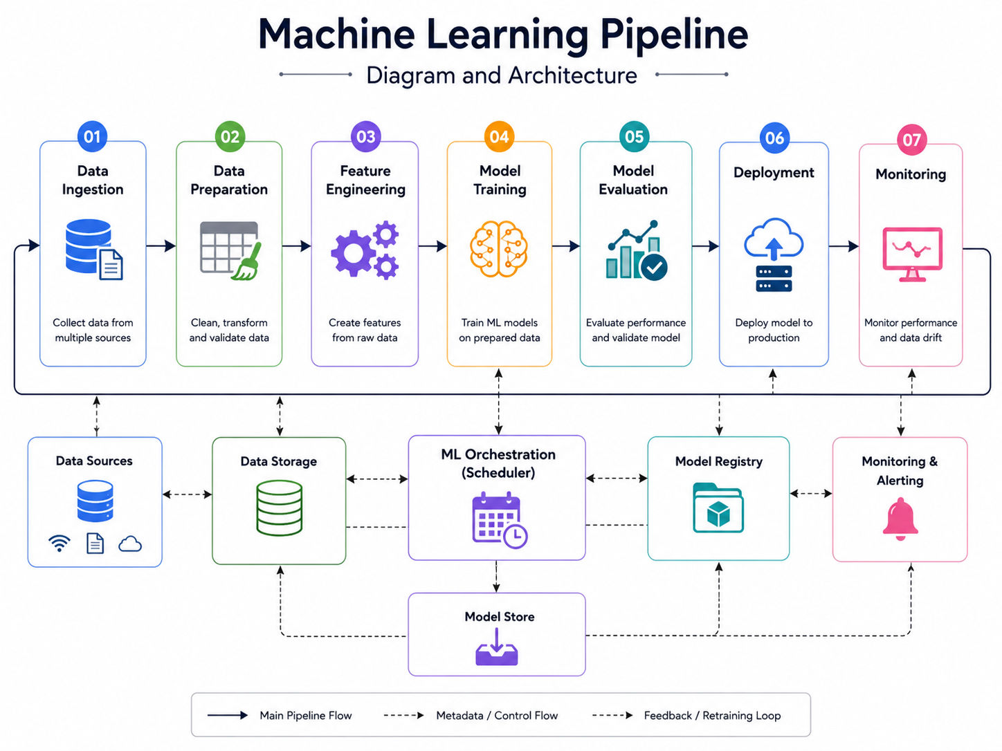 "Machine learning pipeline architecture showing data ingestion, preparation, feature engineering, model training, evaluation, deployment, monitoring, and supporting infrastructure components." "Machine learning pipeline architecture showing data ingestion, preparation, feature engineering, model training, evaluation, deployment, monitoring, and supporting infrastructure components."