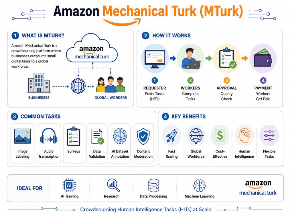 Infographic titled "Amazon Mechanical Turk (MTurk)" on a white background explaining Amazon's crowdsourcing platform.