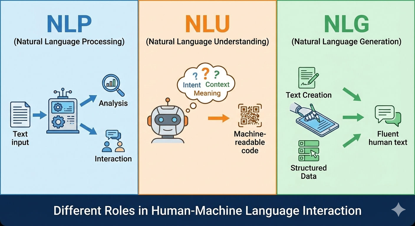 "A three-panel infographic comparing NLP, NLU, and NLG. The 'NLP' panel shows text input being processed for analysis and interaction. The 'NLU' panel features a robot with a thought bubble containing 'Intent, Context, Meaning' leading to machine-readable