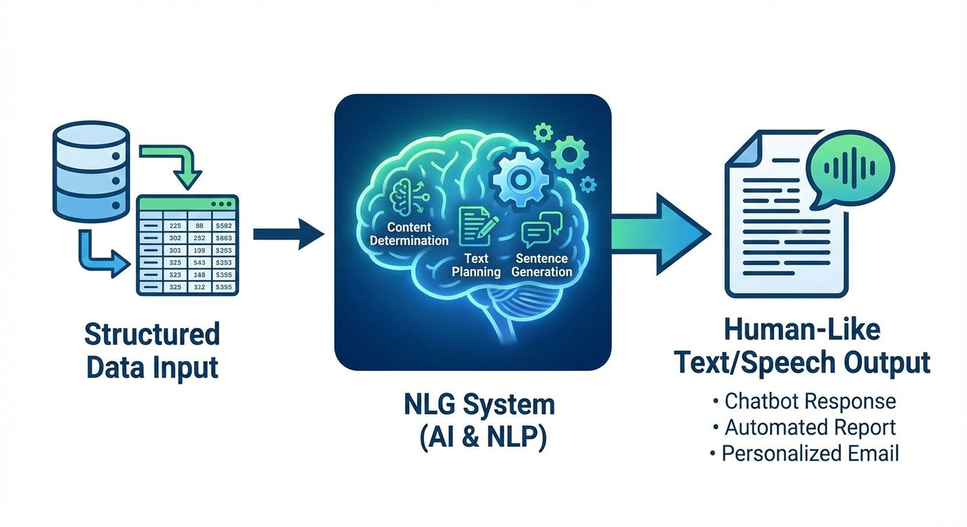 "A process diagram showing the workflow of Natural Language Generation. On the left, 'Structured Data Input' represented by database and spreadsheet icons flows into a central 'NLG System' depicted as a glowing brain with gears. The system's internal step