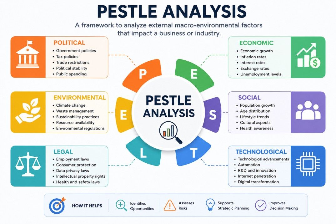 PESTLE Analysis infographic illustrating six external business factors: Political, Economic, Social, Technological, Legal, and Environmental, along with their role in strategic planning and decision-making. PESTLE Analysis infographic illustrating six external business factors: Political, Economic, Social, Technological, Legal, and Environmental, along with their role in strategic planning and decision-making.